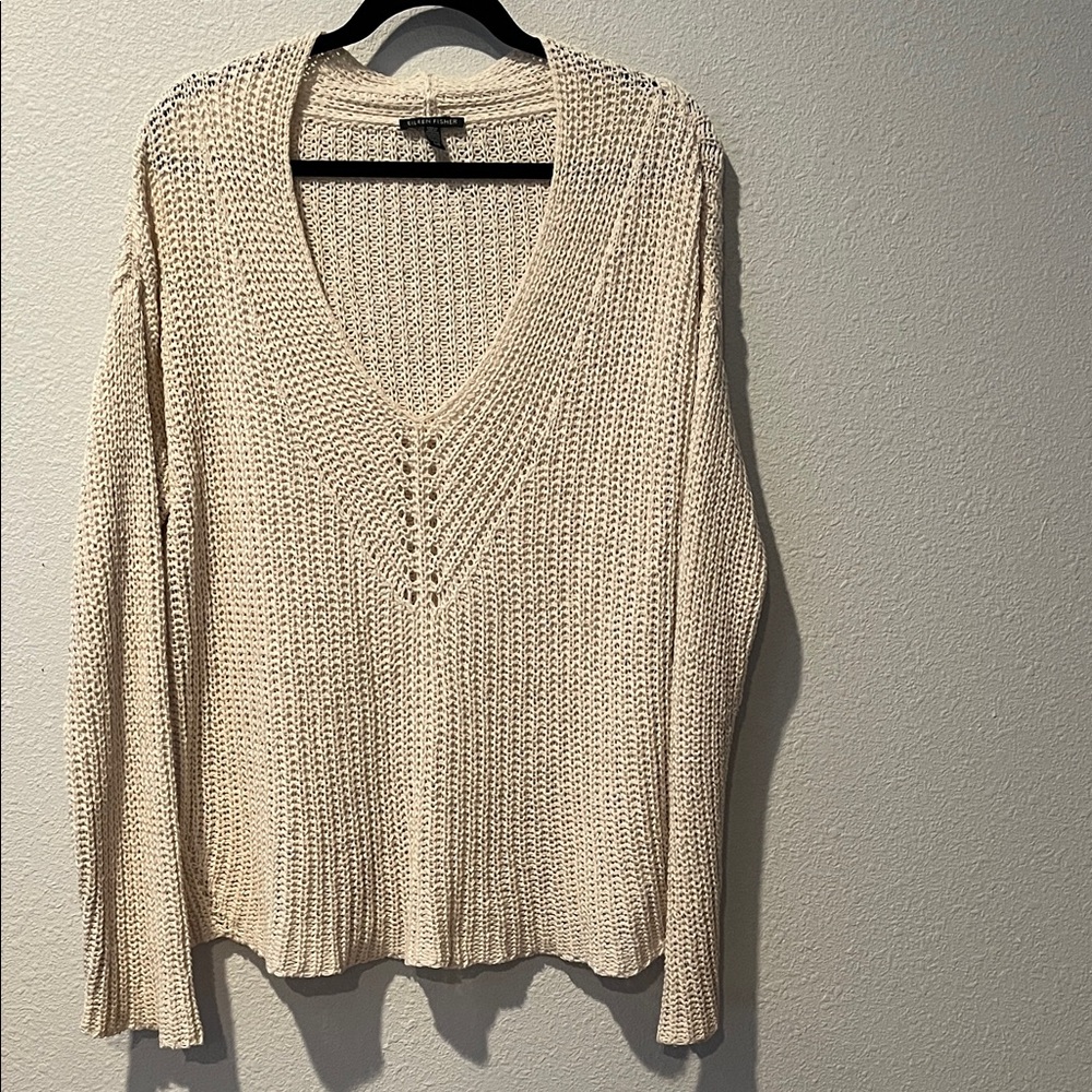 Eileen Fisher Cream V-Neck Sweater Tunic, Long sleeves, side splits,  
SZ Lg
